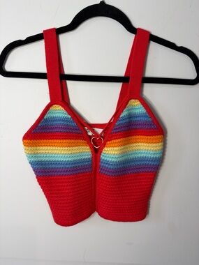 Red Rainbow Knit Cropped Tank Top
